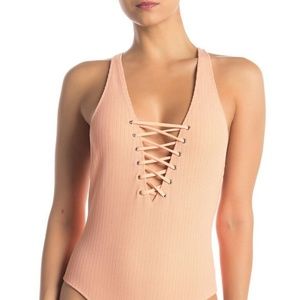 Free Press Gigi Ribbed Lace-Up One-Piece Swimsuit Coral Size Small New with Tags